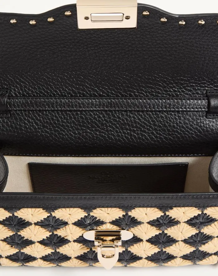 Valentino Shoulder Bags Woman Valentino Garavani Rockstud Small Shoulder Bag In Embroidered Synthetic Raffia For Woman In Naturalblack Naturalblack