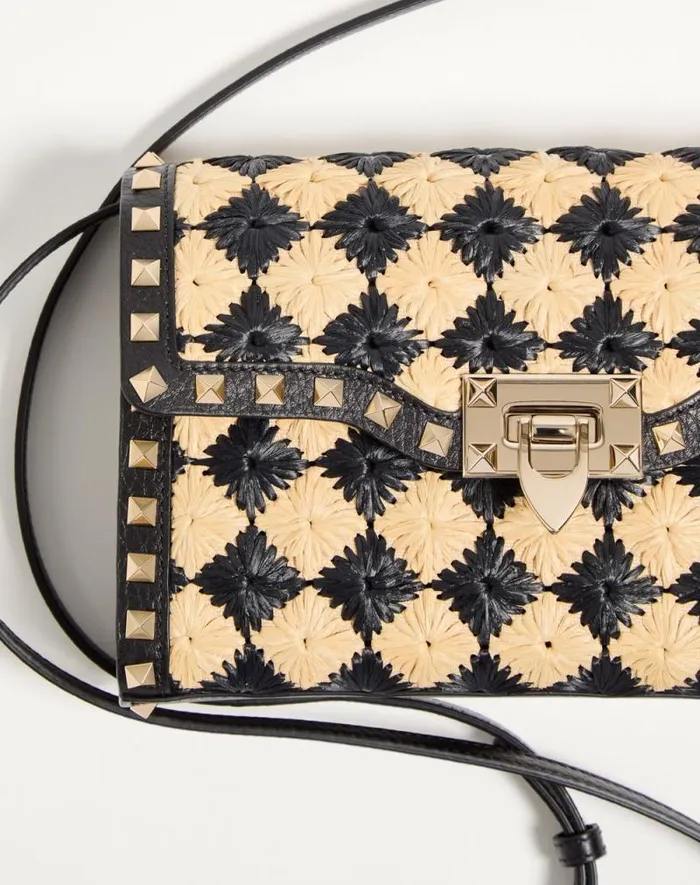 Valentino Shoulder Bags Woman Valentino Garavani Rockstud Small Shoulder Bag In Embroidered Synthetic Raffia For Woman In Naturalblack Naturalblack