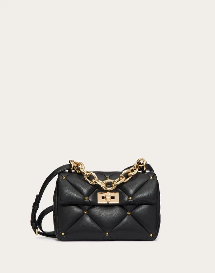 Valentino Shoulder Bags Woman Valentino Garavani Roman Stud Bag In Nappa Patchwork For Woman In Black Black Valentino Shoulder Bags Woman Valentino Garavani Roman Stud Bag In Nappa Patchwork For Woman In Black Black