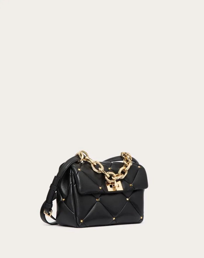 Valentino Shoulder Bags Woman Valentino Garavani Roman Stud Bag In Nappa Patchwork For Woman In Black Black Valentino Shoulder Bags Woman Valentino Garavani Roman Stud Bag In Nappa Patchwork For Woman In Black Black