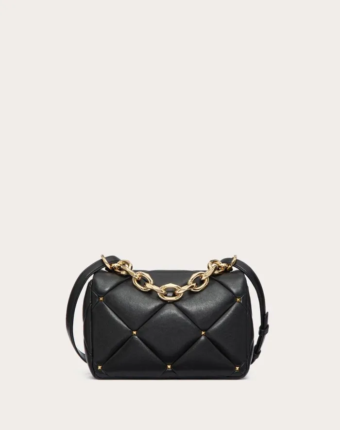 Valentino Shoulder Bags Woman Valentino Garavani Roman Stud Bag In Nappa Patchwork For Woman In Black Black Valentino Shoulder Bags Woman Valentino Garavani Roman Stud Bag In Nappa Patchwork For Woman In Black Black