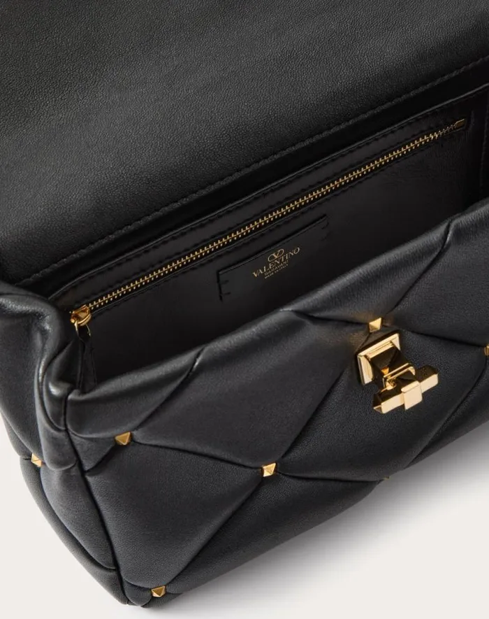 Valentino Shoulder Bags Woman Valentino Garavani Roman Stud Bag In Nappa Patchwork For Woman In Black Black Valentino Shoulder Bags Woman Valentino Garavani Roman Stud Bag In Nappa Patchwork For Woman In Black Black