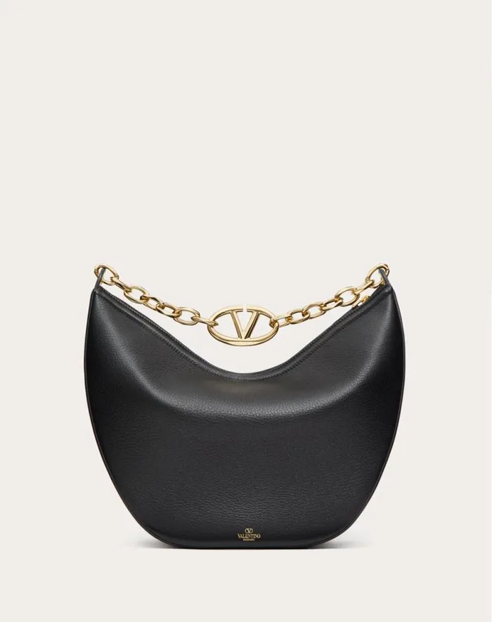Valentino Shoulder Bags Woman Vlogo Moon Medium Grainy Calfskin Hobo Bag With Chain For Woman In Black Black Valentino Shoulder Bags Woman Vlogo Moon Medium Grainy Calfskin Hobo Bag With Chain For Woman In Black Black