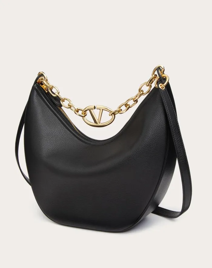 Valentino Shoulder Bags Woman Vlogo Moon Medium Grainy Calfskin Hobo Bag With Chain For Woman In Black Black Valentino Shoulder Bags Woman Vlogo Moon Medium Grainy Calfskin Hobo Bag With Chain For Woman In Black Black