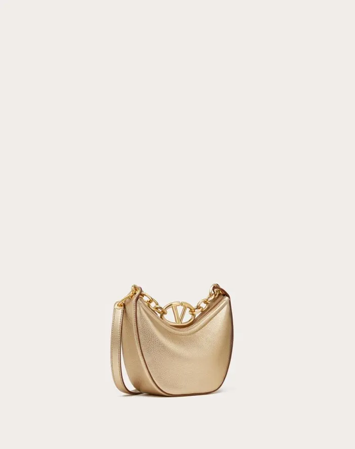 Valentino Shoulder Bags Woman Vlogo Moon Mini Hobo Bag In Metallic Calfskin With Chain For Woman In Gold Gold