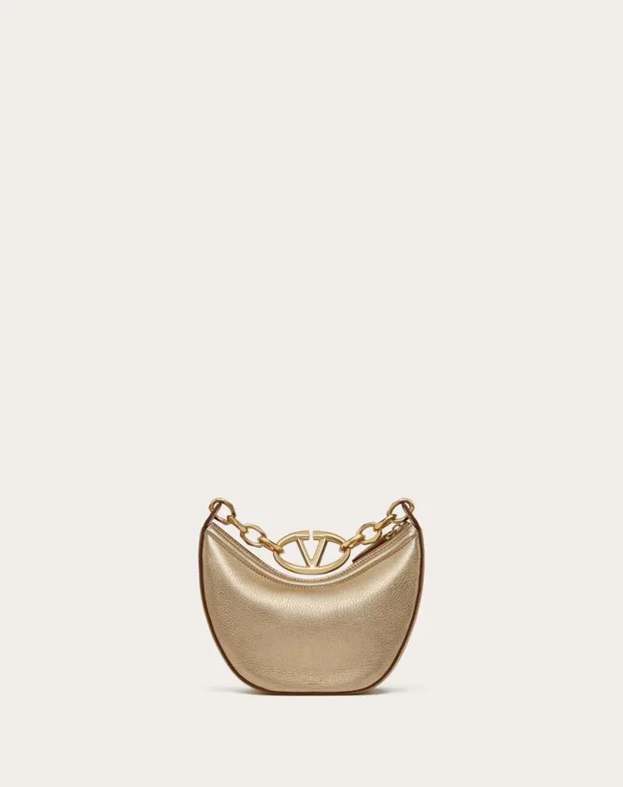 Valentino Shoulder Bags Woman Vlogo Moon Mini Hobo Bag In Metallic Calfskin With Chain For Woman In Gold Gold
