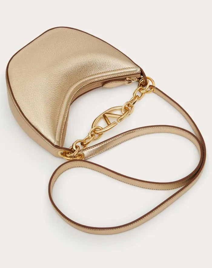 Valentino Shoulder Bags Woman Vlogo Moon Mini Hobo Bag In Metallic Calfskin With Chain For Woman In Gold Gold