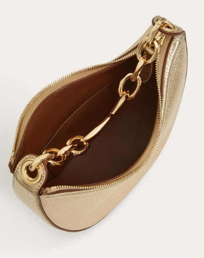 Valentino Shoulder Bags Woman Vlogo Moon Mini Hobo Bag In Metallic Calfskin With Chain For Woman In Gold Gold