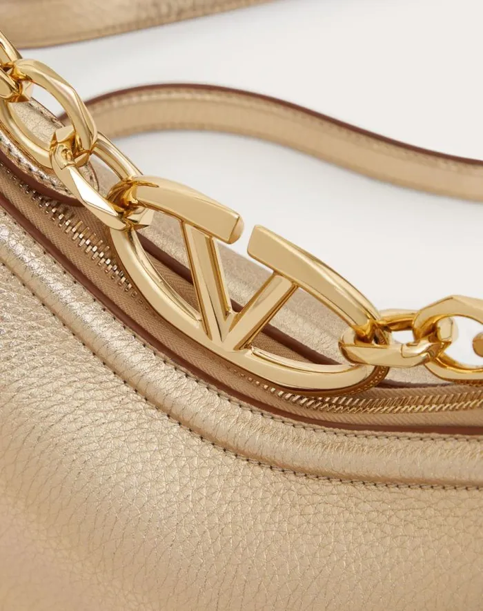 Valentino Shoulder Bags Woman Vlogo Moon Mini Hobo Bag In Metallic Calfskin With Chain For Woman In Gold Gold