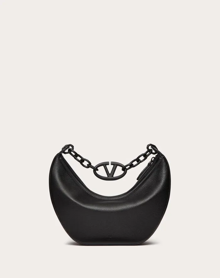 Valentino Shoulder Bags Woman Vlogo Moon Small Hobo Bag In Grainy Calfskin With Chain For Woman In Black Black