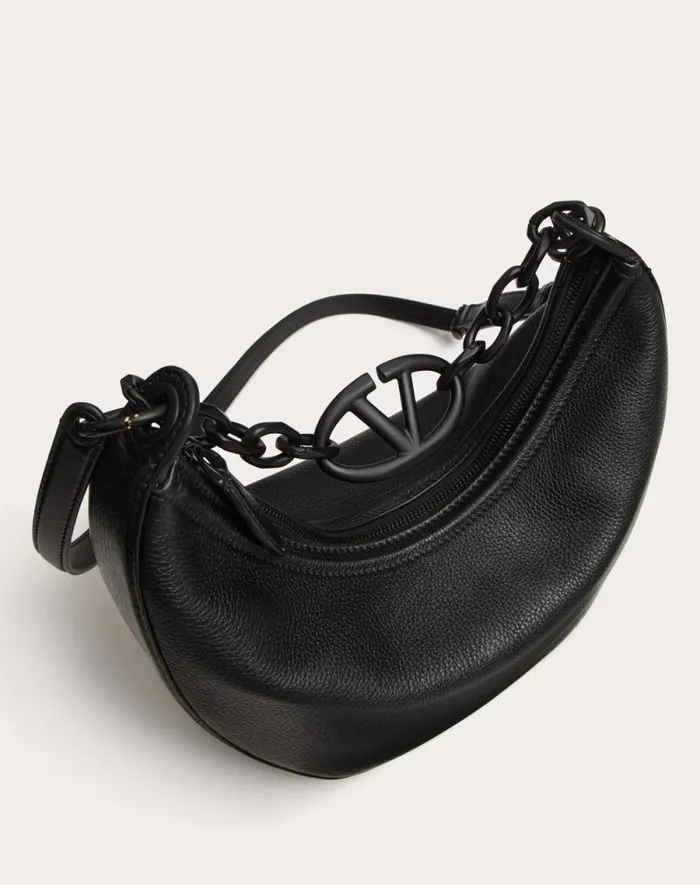 Valentino Shoulder Bags Woman Vlogo Moon Small Hobo Bag In Grainy Calfskin With Chain For Woman In Black Black