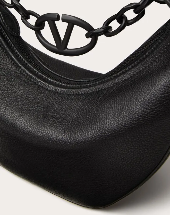 Valentino Shoulder Bags Woman Vlogo Moon Small Hobo Bag In Grainy Calfskin With Chain For Woman In Black Black