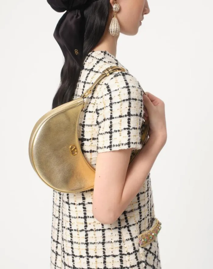 Valentino Shoulder Bags Woman Vlogo Signature Mini Hobo Bag In Laminated Grainy Calfskin For Woman In Antique Brass Antique Brass Valentino Shoulder Bags Woman Vlogo Signature Mini Hobo Bag In Laminated Grainy Calfskin For Woman In Antique Brass Antique Brass