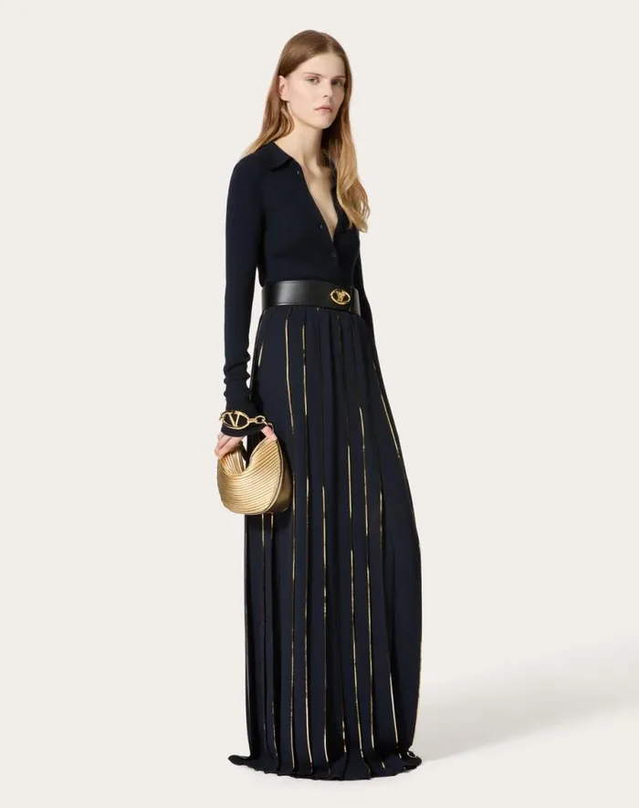 Valentino Skirts Woman Long Skirt In Embroidered Double Georgette For Woman In Navygold Navygold Valentino Skirts Woman Long Skirt In Embroidered Double Georgette For Woman In Navygold Navygold