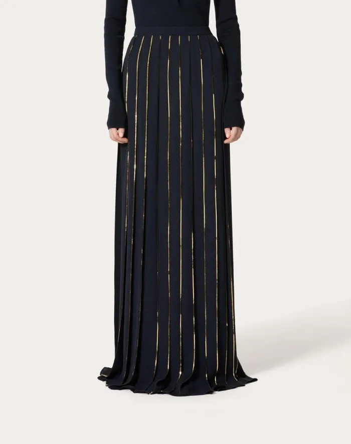 Valentino Skirts Woman Long Skirt In Embroidered Double Georgette For Woman In Navygold Navygold Valentino Skirts Woman Long Skirt In Embroidered Double Georgette For Woman In Navygold Navygold