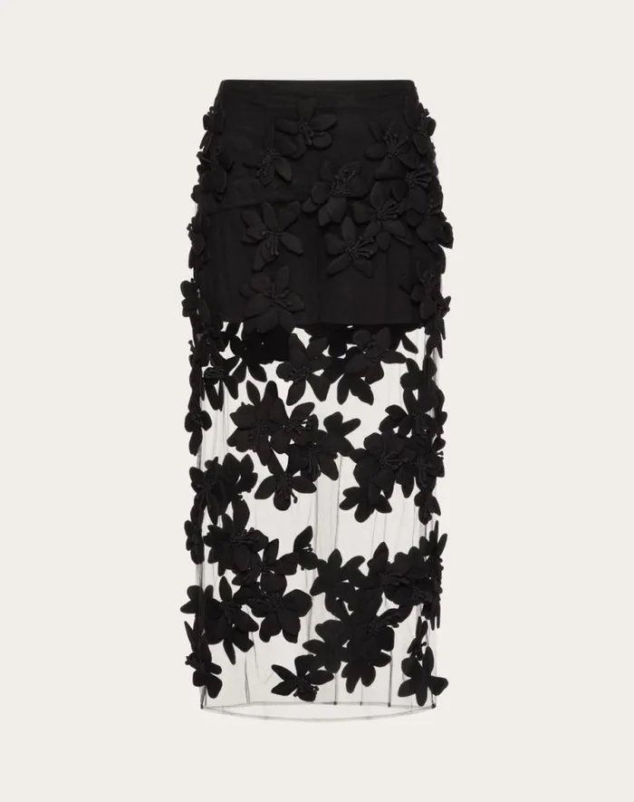 Valentino Skirts Woman Tulle Illusione Embroidered Midi Skirt For Woman In Black Black Valentino Skirts Woman Tulle Illusione Embroidered Midi Skirt For Woman In Black Black