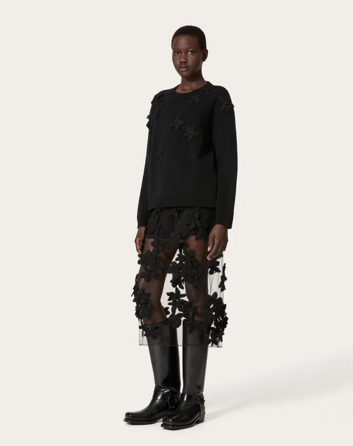 Valentino Skirts Woman Tulle Illusione Embroidered Midi Skirt For Woman In Black Black Valentino Skirts Woman Tulle Illusione Embroidered Midi Skirt For Woman In Black Black