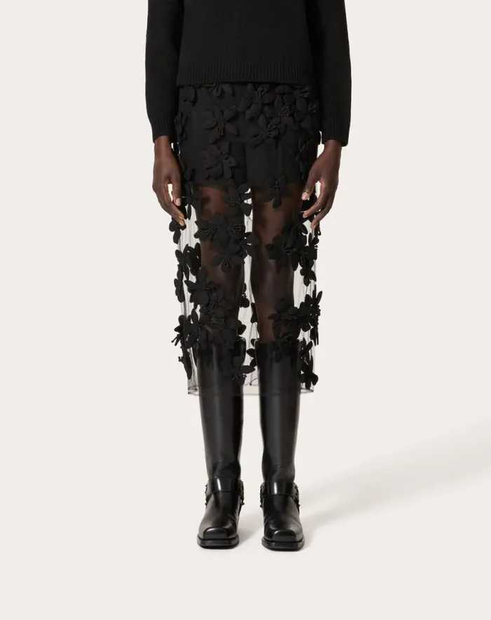 Valentino Skirts Woman Tulle Illusione Embroidered Midi Skirt For Woman In Black Black Valentino Skirts Woman Tulle Illusione Embroidered Midi Skirt For Woman In Black Black