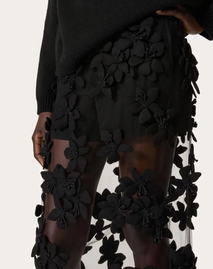 Valentino Skirts Woman Tulle Illusione Embroidered Midi Skirt For Woman In Black Black Valentino Skirts Woman Tulle Illusione Embroidered Midi Skirt For Woman In Black Black