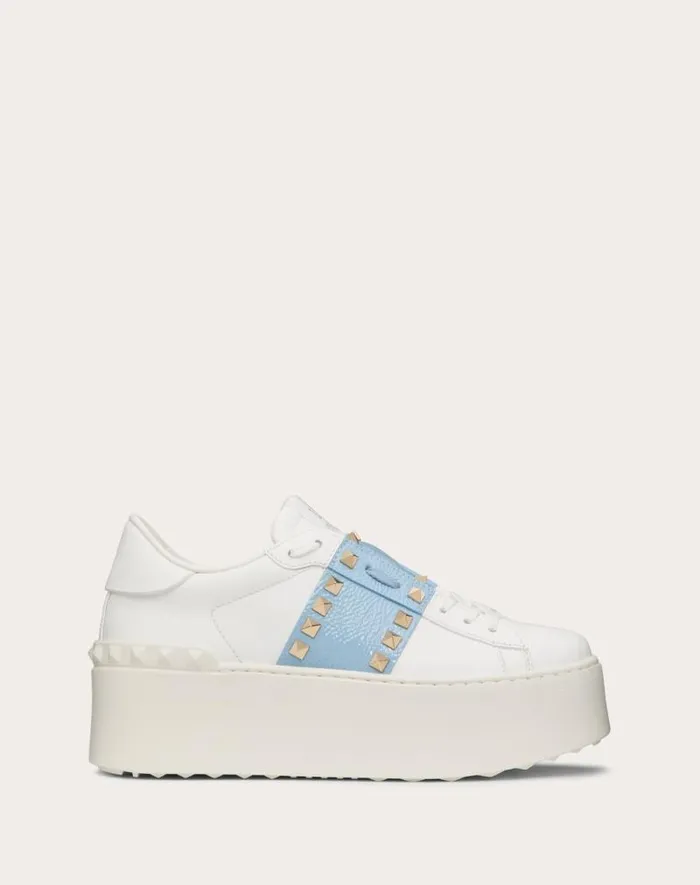 Valentino Sneakers Woman Flatform Rockstud Untitled Sneaker In Calfskin With Naplack Band For Woman In Whitepopeline Blue Whitepopeline Blue