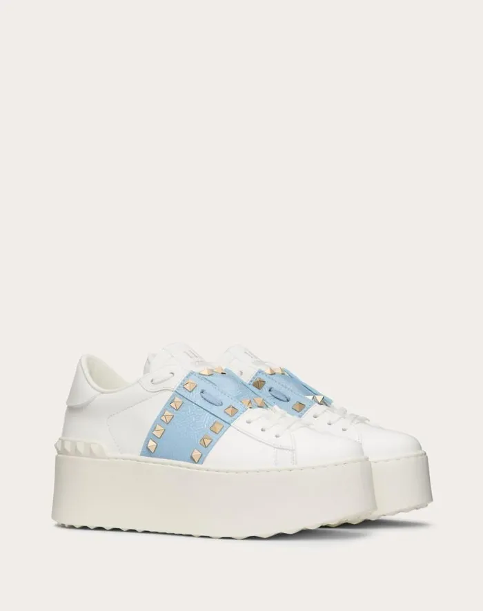 Valentino Sneakers Woman Flatform Rockstud Untitled Sneaker In Calfskin With Naplack Band For Woman In Whitepopeline Blue Whitepopeline Blue Valentino Sneakers Woman Flatform Rockstud Untitled Sneaker In Calfskin With Naplack Band For Woman In Whitepopeline Blue Whitepopeline Blue