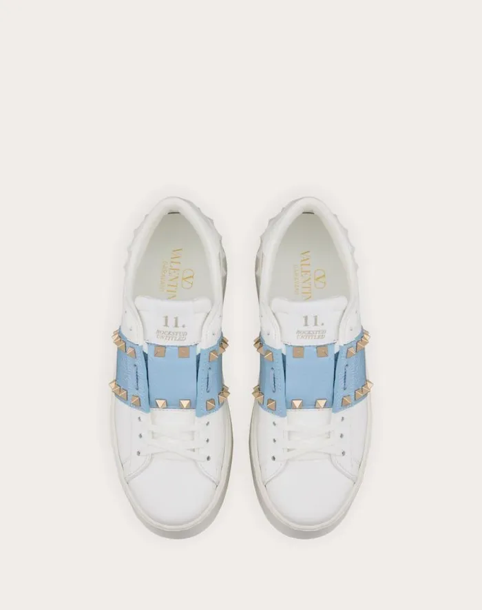 Valentino Sneakers Woman Flatform Rockstud Untitled Sneaker In Calfskin With Naplack Band For Woman In Whitepopeline Blue Whitepopeline Blue Valentino Sneakers Woman Flatform Rockstud Untitled Sneaker In Calfskin With Naplack Band For Woman In Whitepopeline Blue Whitepopeline Blue