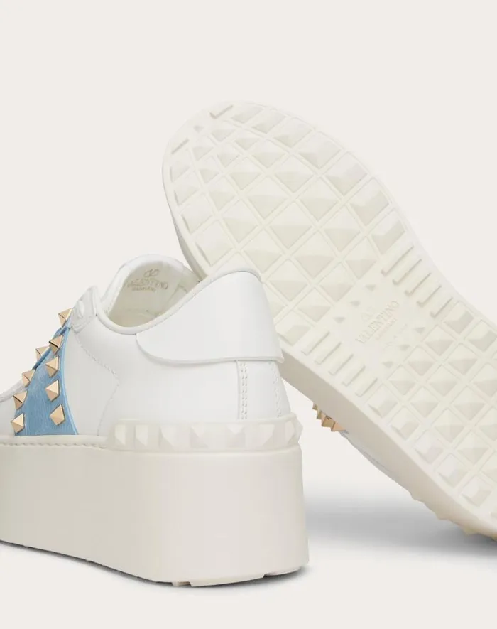 Valentino Sneakers Woman Flatform Rockstud Untitled Sneaker In Calfskin With Naplack Band For Woman In Whitepopeline Blue Whitepopeline Blue Valentino Sneakers Woman Flatform Rockstud Untitled Sneaker In Calfskin With Naplack Band For Woman In Whitepopeline Blue Whitepopeline Blue