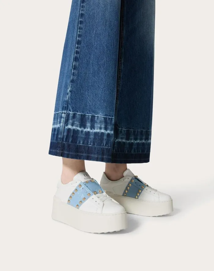 Valentino Sneakers Woman Flatform Rockstud Untitled Sneaker In Calfskin With Naplack Band For Woman In Whitepopeline Blue Whitepopeline Blue Valentino Sneakers Woman Flatform Rockstud Untitled Sneaker In Calfskin With Naplack Band For Woman In Whitepopeline Blue Whitepopeline Blue