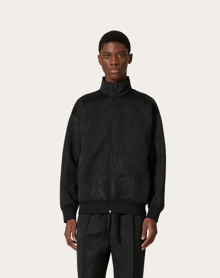 Valentino Tshirts And Sweatshirts Man Acetate Zipup Turtleneck Sweatshirt In Allover Camounoir Pattern For Man In Black Black Valentino Tshirts And Sweatshirts Man Acetate Zipup Turtleneck Sweatshirt In Allover Camounoir Pattern For Man In Black Black