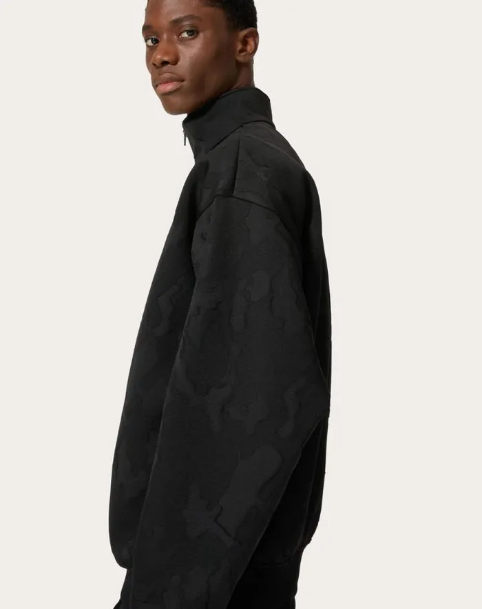 Valentino Tshirts And Sweatshirts Man Acetate Zipup Turtleneck Sweatshirt In Allover Camounoir Pattern For Man In Black Black Valentino Tshirts And Sweatshirts Man Acetate Zipup Turtleneck Sweatshirt In Allover Camounoir Pattern For Man In Black Black