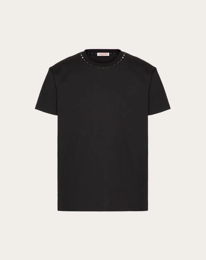Valentino Tshirts And Sweatshirts Man Cotton Crewneck Tshirt With Black Untitled Studs For Man In Black Black