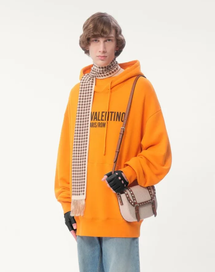 Valentino Tshirts And Sweatshirts Man Cotton Hooded Sweatshirt With Chez Valentino Print For Man In Orange Orange Valentino Tshirts And Sweatshirts Man Cotton Hooded Sweatshirt With Chez Valentino Print For Man In Orange Orange