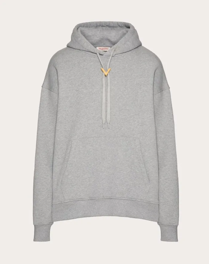 Valentino Tshirts And Sweatshirts Man Cotton Hooded Sweatshirt With Metallic V Detail For Man In Black Black Valentino Tshirts And Sweatshirts Man Cotton Hooded Sweatshirt With Metallic V Detail For Man In Black Black