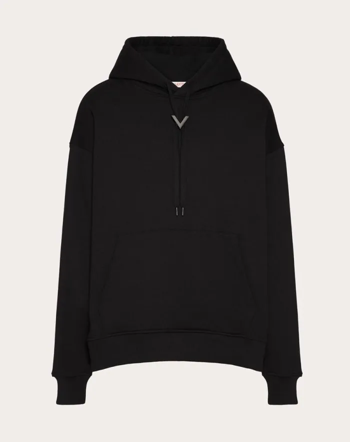 Valentino Tshirts And Sweatshirts Man Cotton Hooded Sweatshirt With Metallic V Detail For Man In Black Black Valentino Tshirts And Sweatshirts Man Cotton Hooded Sweatshirt With Metallic V Detail For Man In Black Black