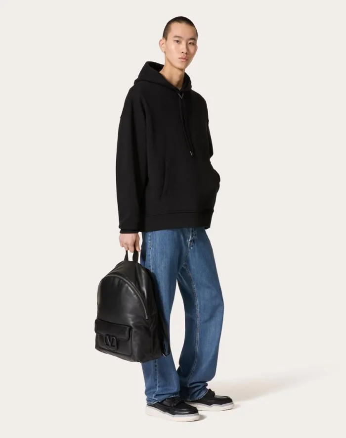 Valentino Tshirts And Sweatshirts Man Cotton Hooded Sweatshirt With Metallic V Detail For Man In Black Black Valentino Tshirts And Sweatshirts Man Cotton Hooded Sweatshirt With Metallic V Detail For Man In Black Black