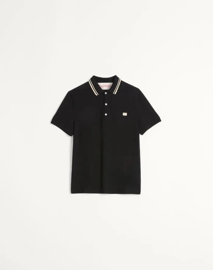 Valentino Tshirts And Sweatshirts Man Cotton Piqu Polo Shirt With Vlogo Patch For Man In Black Black Valentino Tshirts And Sweatshirts Man Cotton Piqu Polo Shirt With Vlogo Patch For Man In Black Black