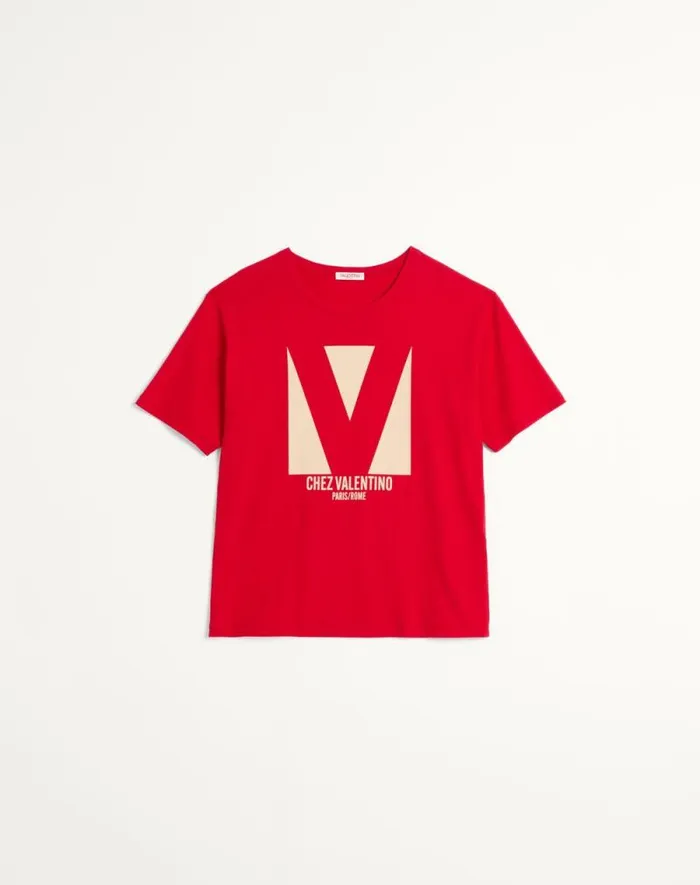 Valentino Tshirts And Sweatshirts Man Cotton Tshirt With Chez Valentino Print For Man In Red Red Valentino Tshirts And Sweatshirts Man Cotton Tshirt With Chez Valentino Print For Man In Red Red