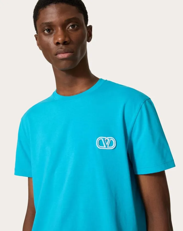 Valentino Tshirts And Sweatshirts Man Cotton Tshirt With Vlogo Signature Patch For Man In Sky Blue Sky Blue