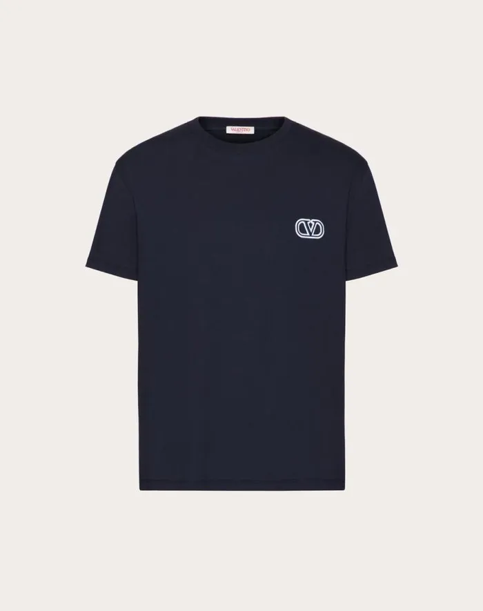 Valentino Tshirts And Sweatshirts Man Cotton Tshirt With Vlogo Signature Patch For Man In Sky Blue Sky Blue