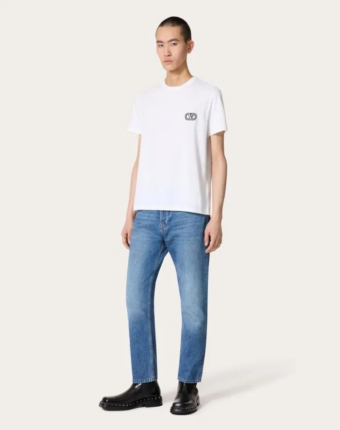 Valentino Tshirts And Sweatshirts Man Cotton Tshirt With Vlogo Signature Patch For Man In Sky Blue Sky Blue
