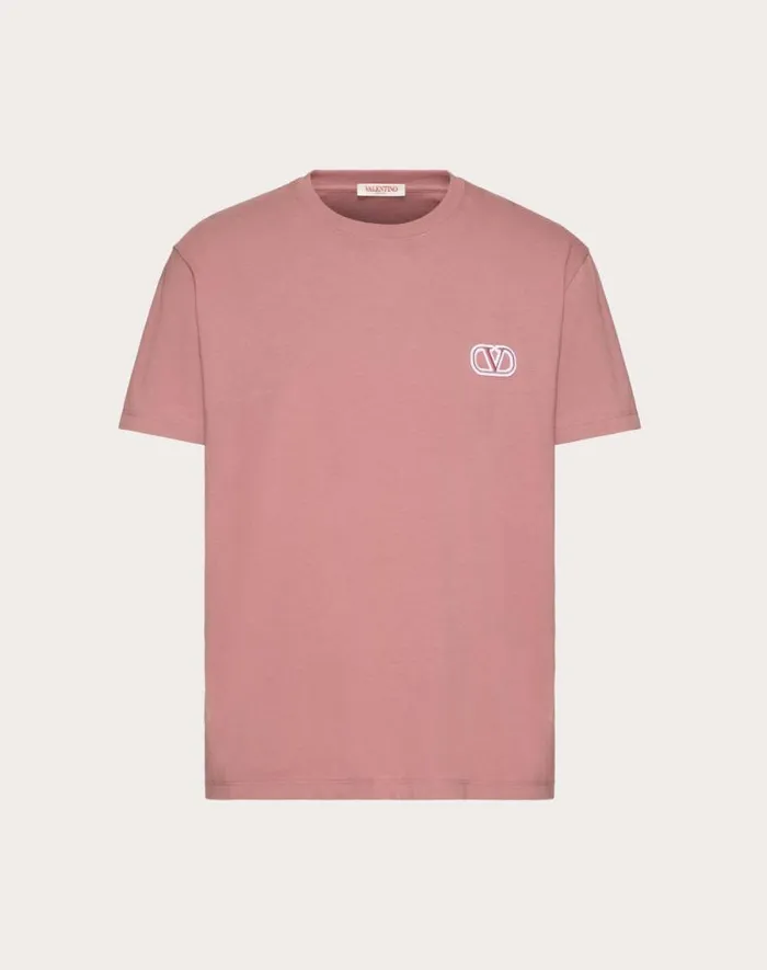 Valentino Tshirts And Sweatshirts Man Cotton Tshirt With Vlogo Signature Patch For Man In Sky Blue Sky Blue
