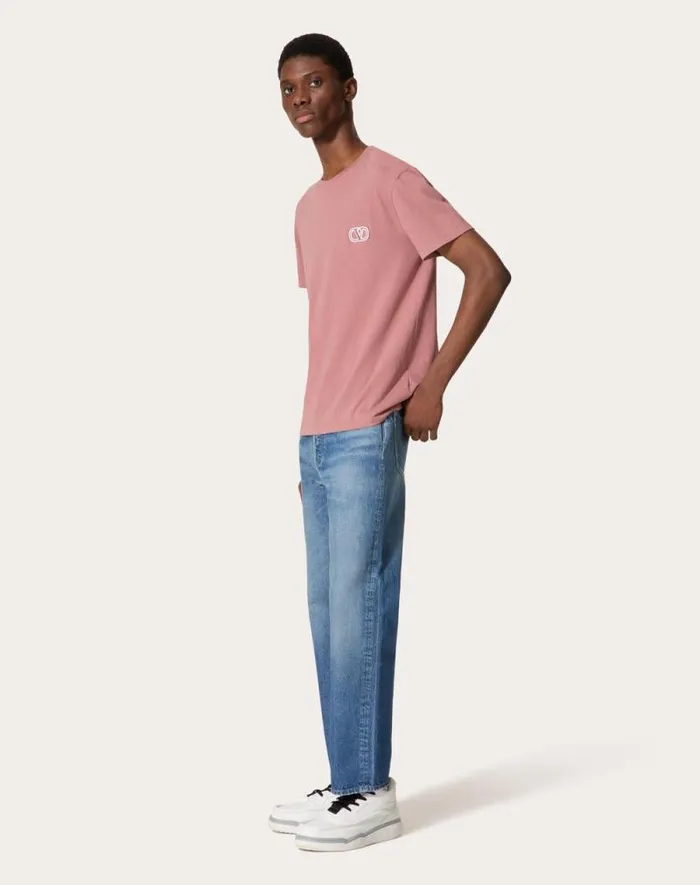 Valentino Tshirts And Sweatshirts Man Cotton Tshirt With Vlogo Signature Patch For Man In Sky Blue Sky Blue