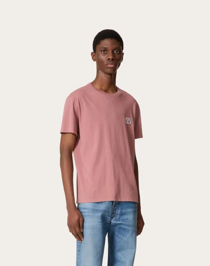 Valentino Tshirts And Sweatshirts Man Cotton Tshirt With Vlogo Signature Patch For Man In Sky Blue Sky Blue