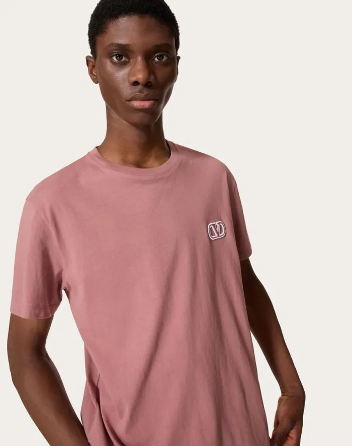Valentino Tshirts And Sweatshirts Man Cotton Tshirt With Vlogo Signature Patch For Man In Sky Blue Sky Blue