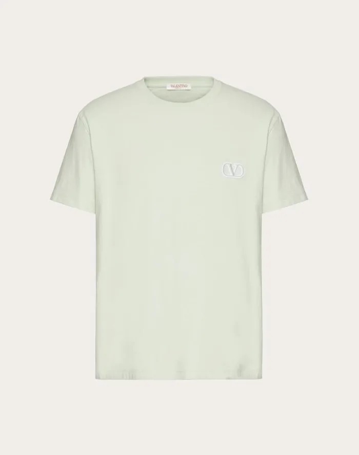 Valentino Tshirts And Sweatshirts Man Cotton Tshirt With Vlogo Signature Patch For Man In Sky Blue Sky Blue