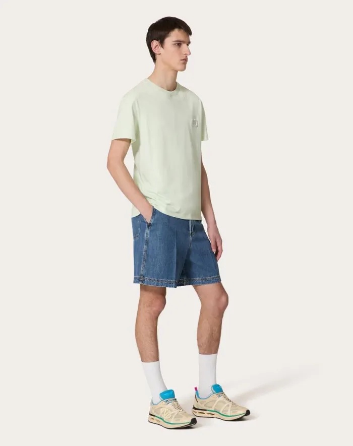 Valentino Tshirts And Sweatshirts Man Cotton Tshirt With Vlogo Signature Patch For Man In Sky Blue Sky Blue