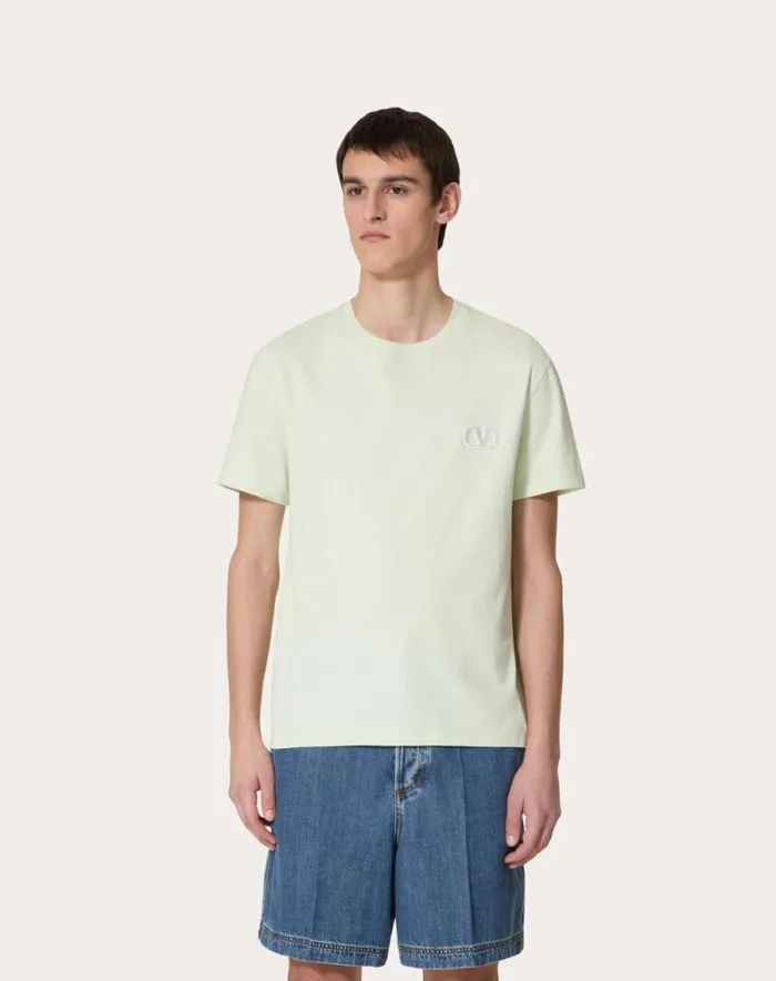 Valentino Tshirts And Sweatshirts Man Cotton Tshirt With Vlogo Signature Patch For Man In Sky Blue Sky Blue