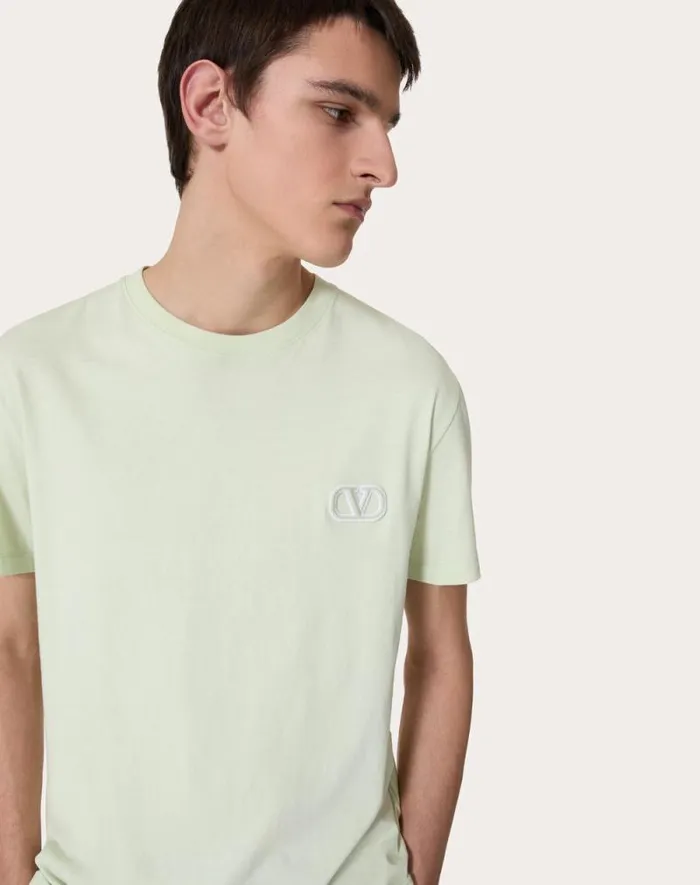 Valentino Tshirts And Sweatshirts Man Cotton Tshirt With Vlogo Signature Patch For Man In Sky Blue Sky Blue