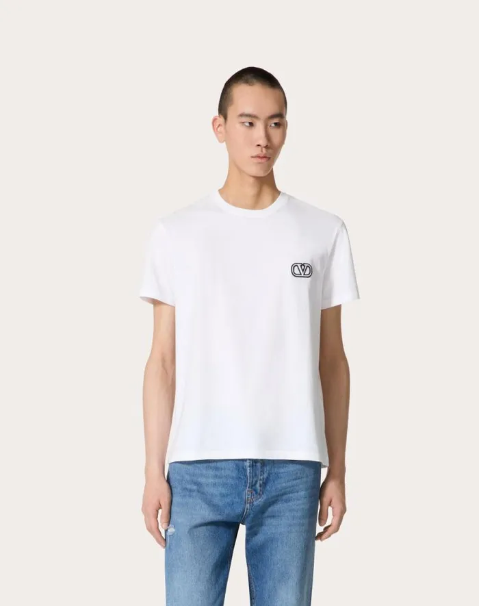Valentino Tshirts And Sweatshirts Man Cotton Tshirt With Vlogo Signature Patch For Man In Sky Blue Sky Blue