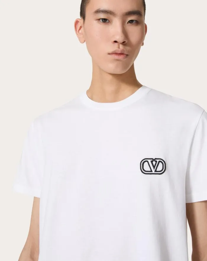 Valentino Tshirts And Sweatshirts Man Cotton Tshirt With Vlogo Signature Patch For Man In Sky Blue Sky Blue